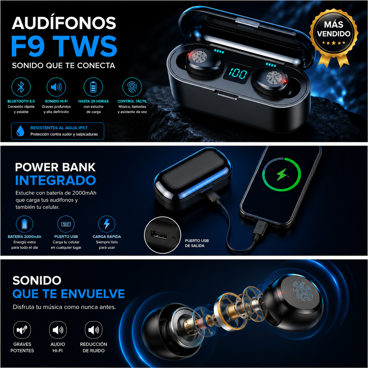 Audífono Inalámbricos F9 Con Power Bank