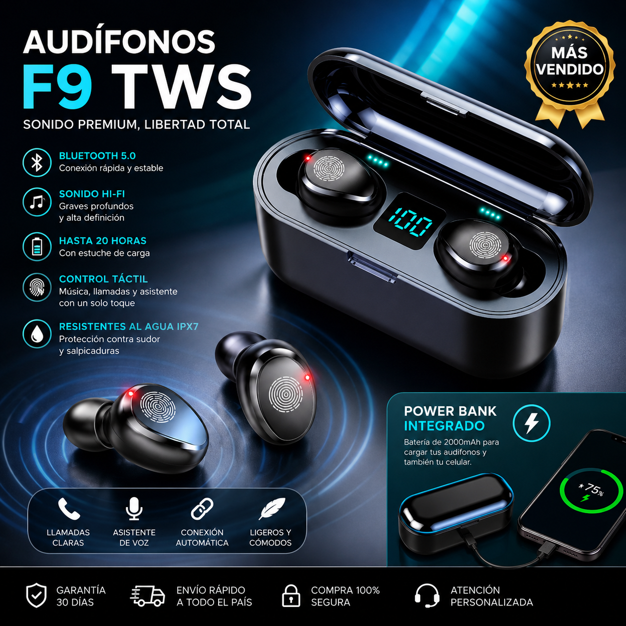 Audífono Inalámbricos F9 Con Power Bank