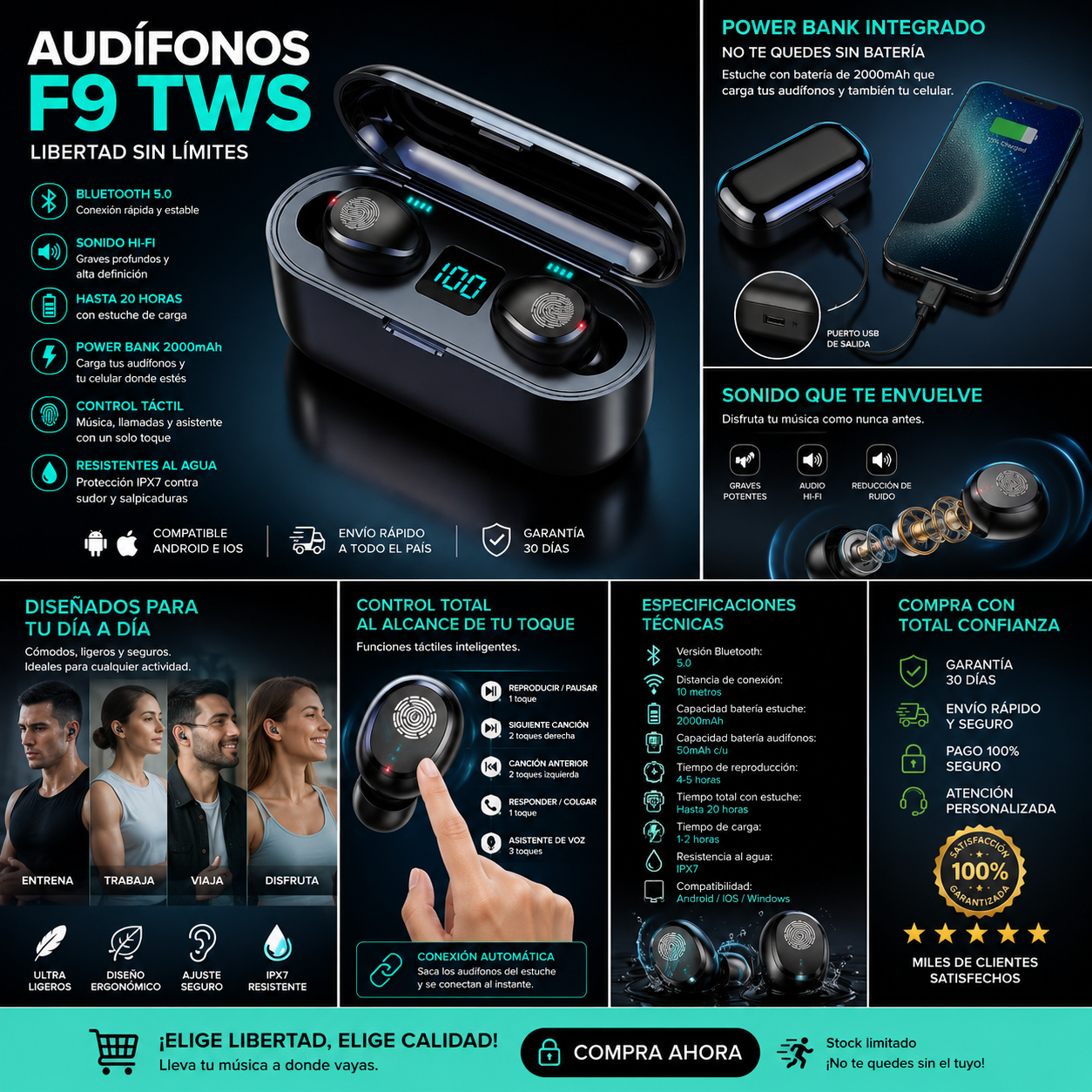 Audífono Inalámbricos F9 Con Power Bank